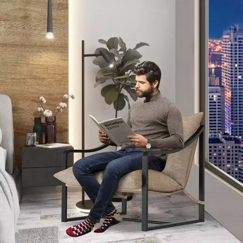 Modern Sling Accent Chair, Comfy Fabric Living Room Chairs with Heavy Duty Metal Frame, Lounge Reading Armchair for Living Room Bedroom