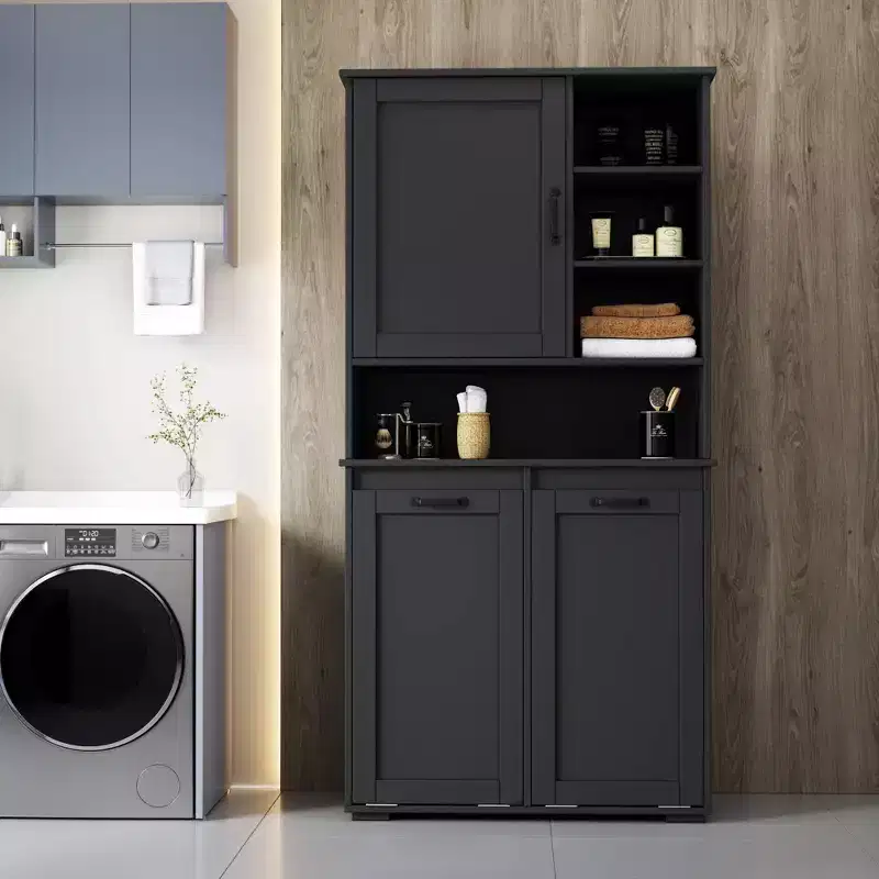 VIYET 63 black Freestanding Laundry Cabinet - Particle Board+MDF, Tilt-Out Hamper, Adjustable Shelves & Multiple Storage