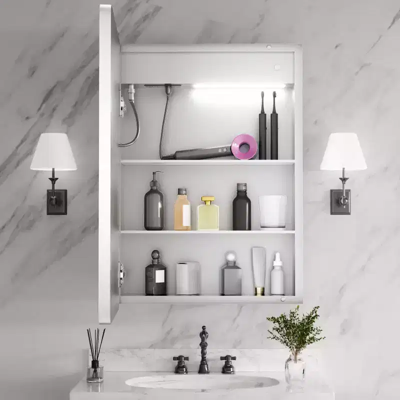 FAMYYT 20 in. W x 28 in. H Rectangular Iron Medicine Cabinet with Mirror, Dimmable LED Light, Anti-Fog and Outlets - Fully Assemble