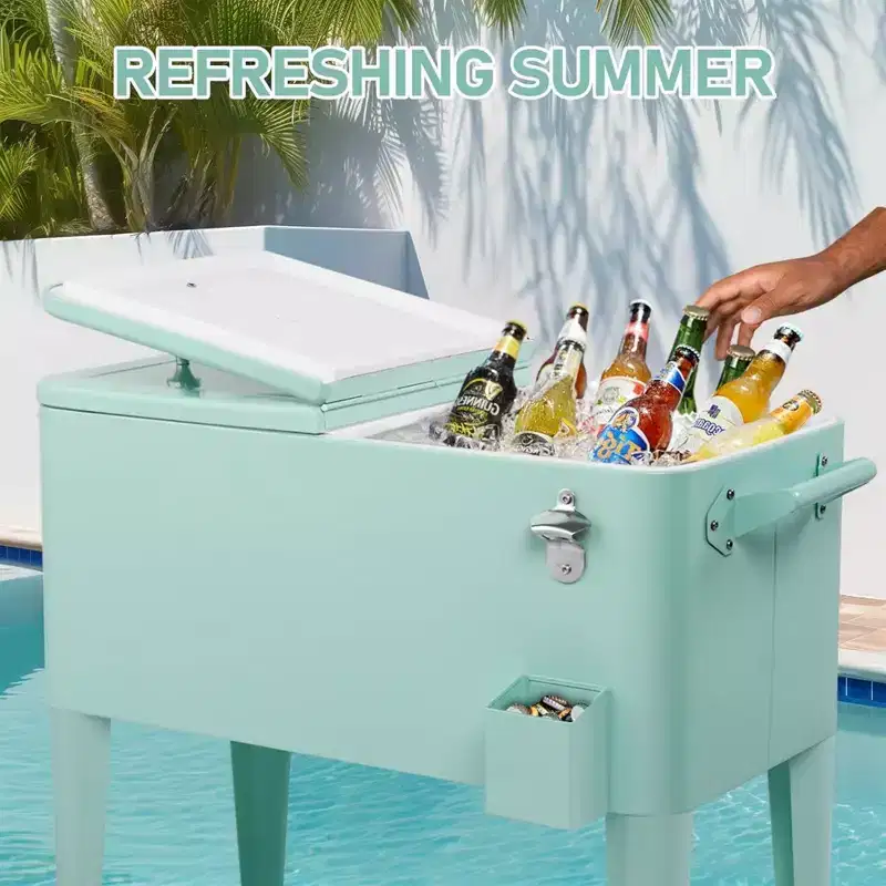 NAYSAYE 80 Quart Rolling Ice Chest Portable Bar Drink Cooler with Catch Basin, Bottom Storage Tray for Patio Party BBQ Beach, Green, 34.3*15.2*35.8