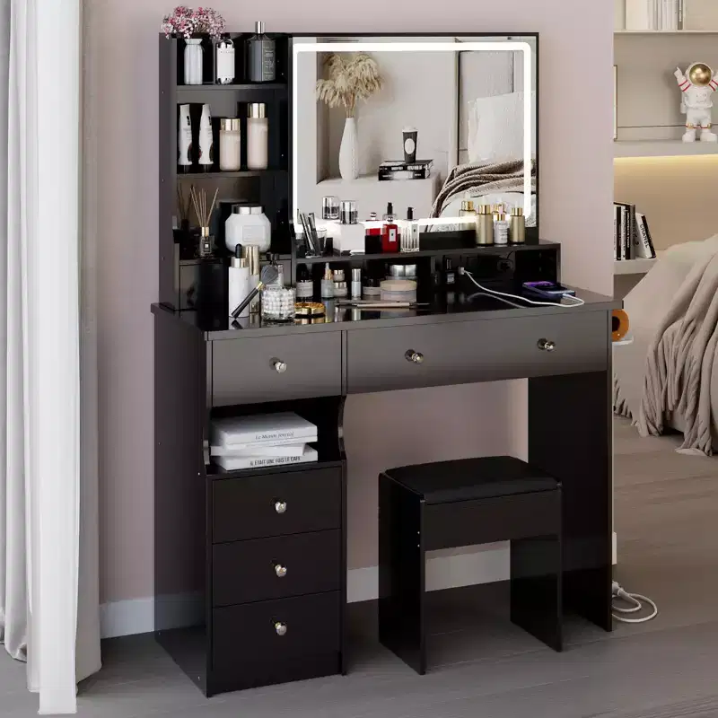 41 Makeup Desk with Cushioned Stool, Vanity Table with 2 AC+2 USB Power Station & Hair Dryer Stand, Vanity Desk with Mirror for Home