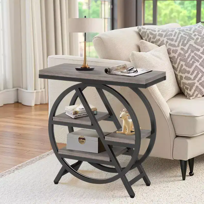 TUYOHW Industrial End Table,4-Tier Side Table with Rustic Brown Top & Black Metal Frame,Staggered Shelves