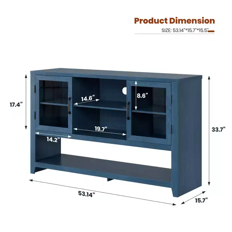 53 Sideboard Buffet Cabinet with 2 Glass Doors, Farmhouse Coffee Table Storage with Open Shelves, for Living Room, Kitchen, Dining, Entryway