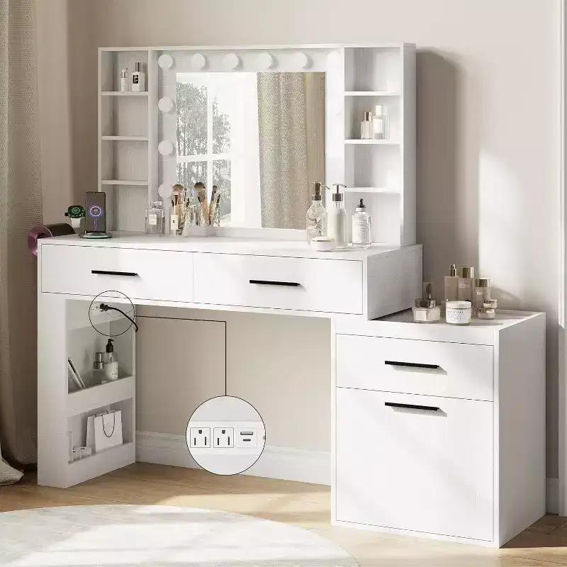 Ora Maison Convertible Vanity Desk 57, Large Makeup Table with 3-Color LED Mirror, Power Hub & Ample Storage for Bedroom