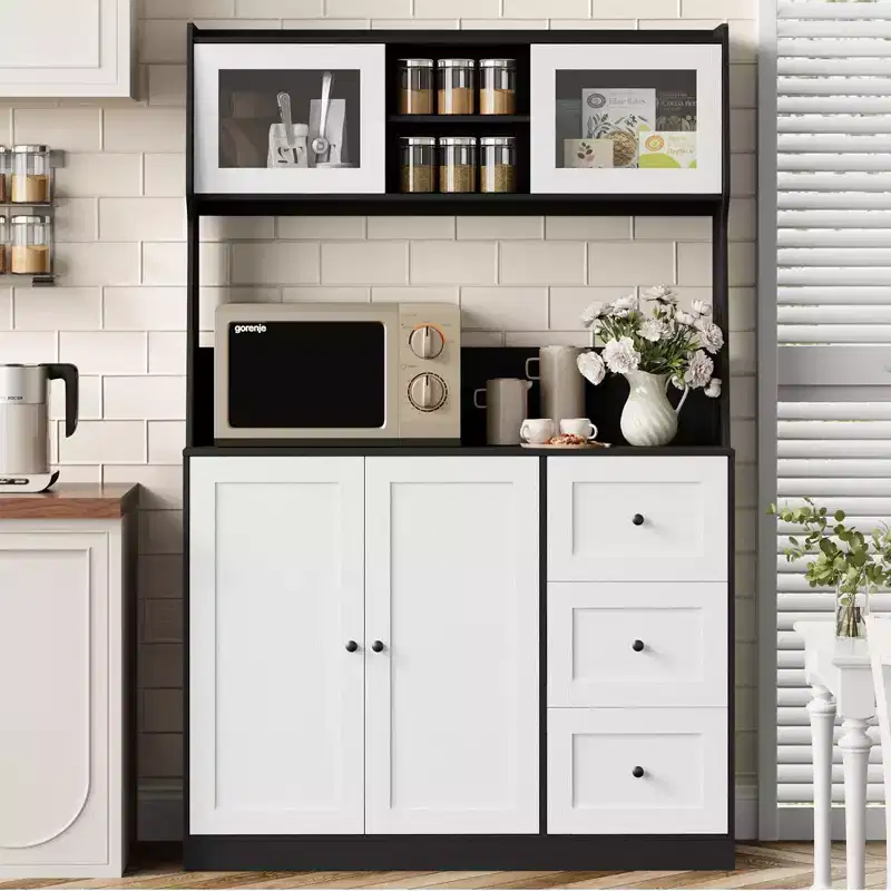 66.9 Tall Kitchen Hutch Storage Cabinet, Coffee Bar Cabinet with 3 Drawers & Lights, Freestanding Food Pantry Cabinet