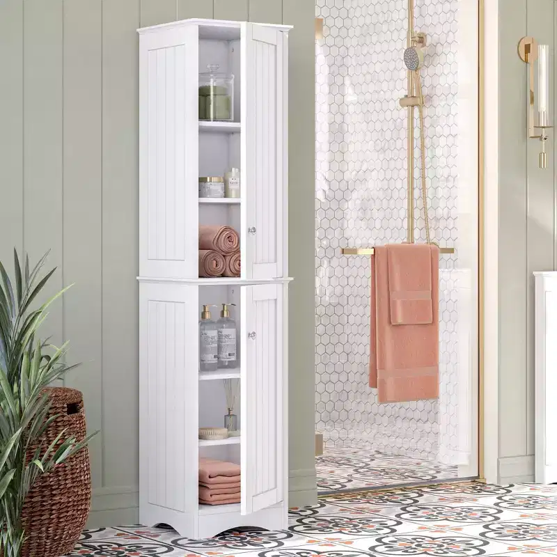 Two-Door Tall Bathroom Storage Cabinet and Linen Organizer with Adjustable Shelves White