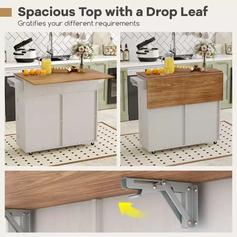 Costway Rolling Kitchen Island Kitchen Island Cart with Drop Leaf Trash Can Cabinet Black/White
