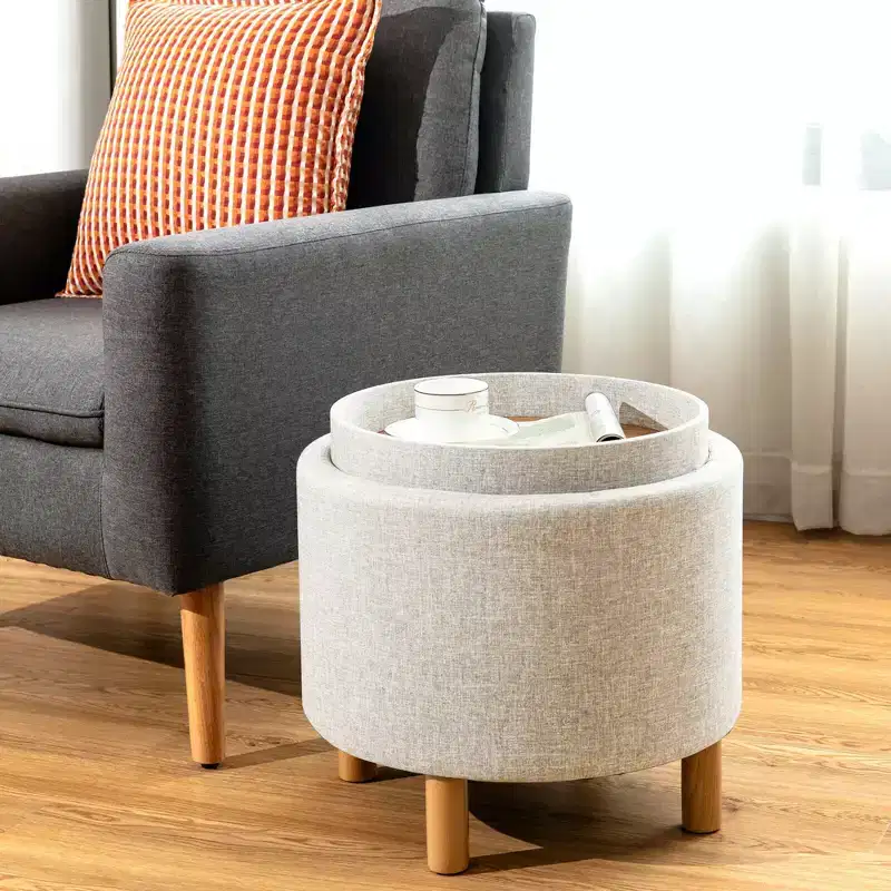 Round Storage Ottoman with Tray Top, Padded Footrest with Wood Legs, Grey or Beige