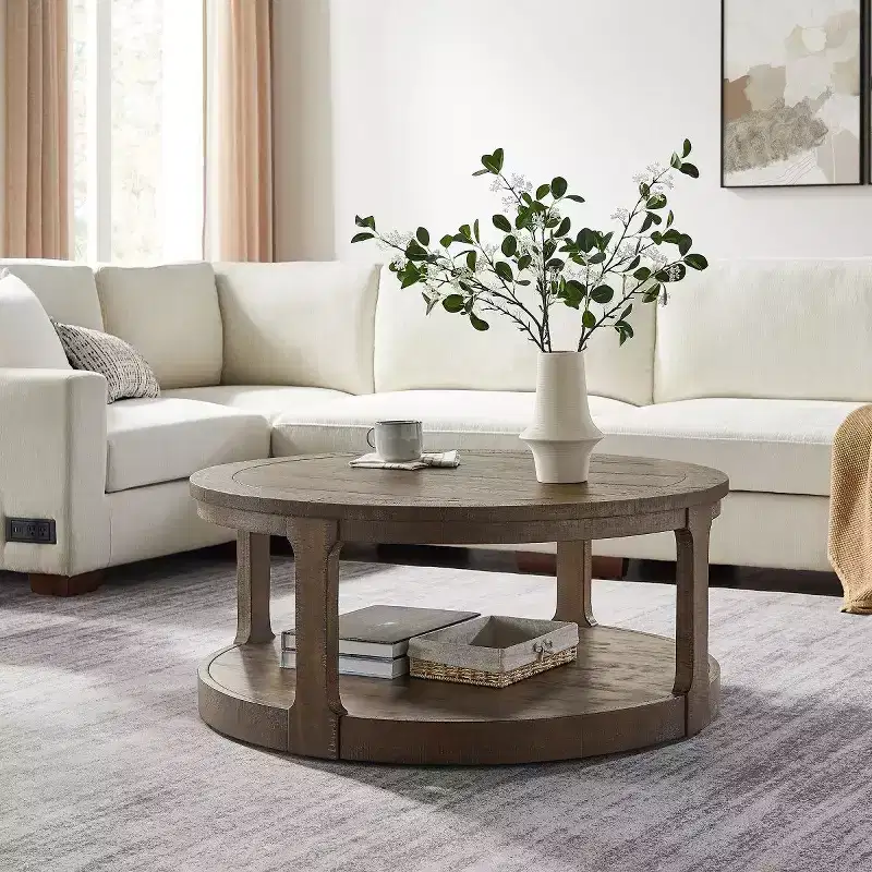 40-Inch Modern Round Coffee Table with Concealed Wheels and 2-Tier Design for Living Room, Office or Apartment
