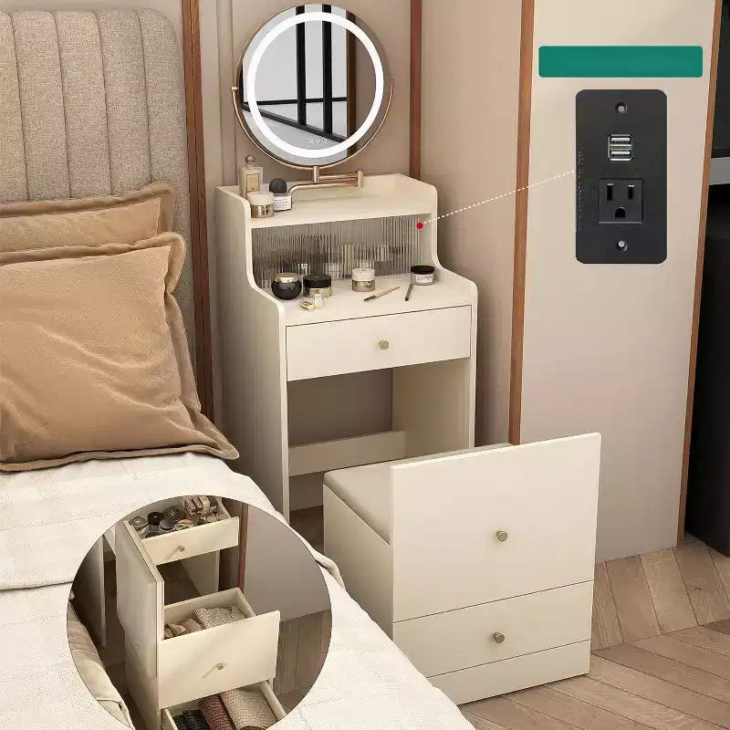 3 In 1 Vanity Desk WithTouch Makeup Mirror, Nightstand, & Dresser Combo with Charging Station, Hidden Storage Bench & Cushioned Stool