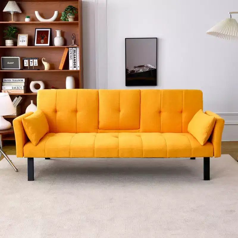 MAYEERTY 70 Inch Multifunctional Cotton Sofa Bed with Cup Holder Side Storage for Living Room Bedroom Yellow