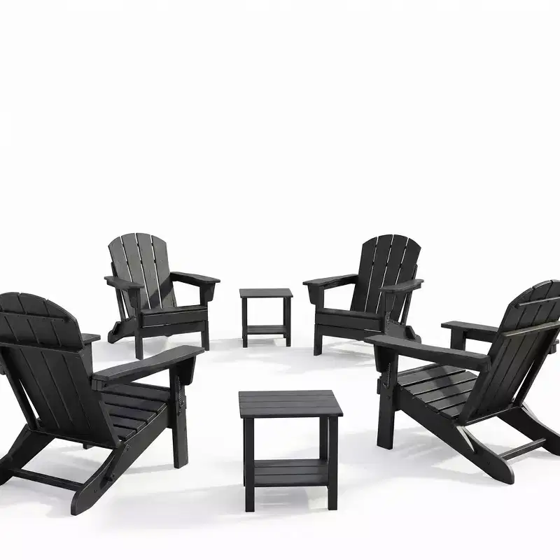 Folding Adirondack Chairs Set of 4 with 2 Side Tables, Modern Outdoor HDPE Chairs for Patio, Deck Balcony Backyard Lawn