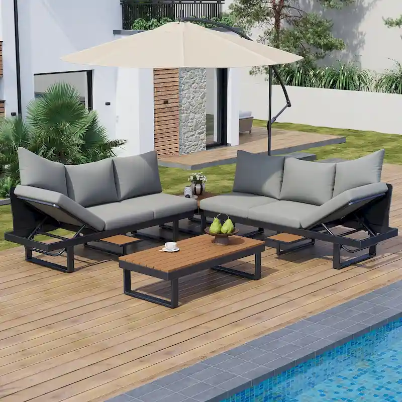 Outdoor Sectional Sofa Set with Adjustable Reclining Seats, L-Shape Patio Furniture, Grey Iron Frame, 100.8 x 100.8 inches