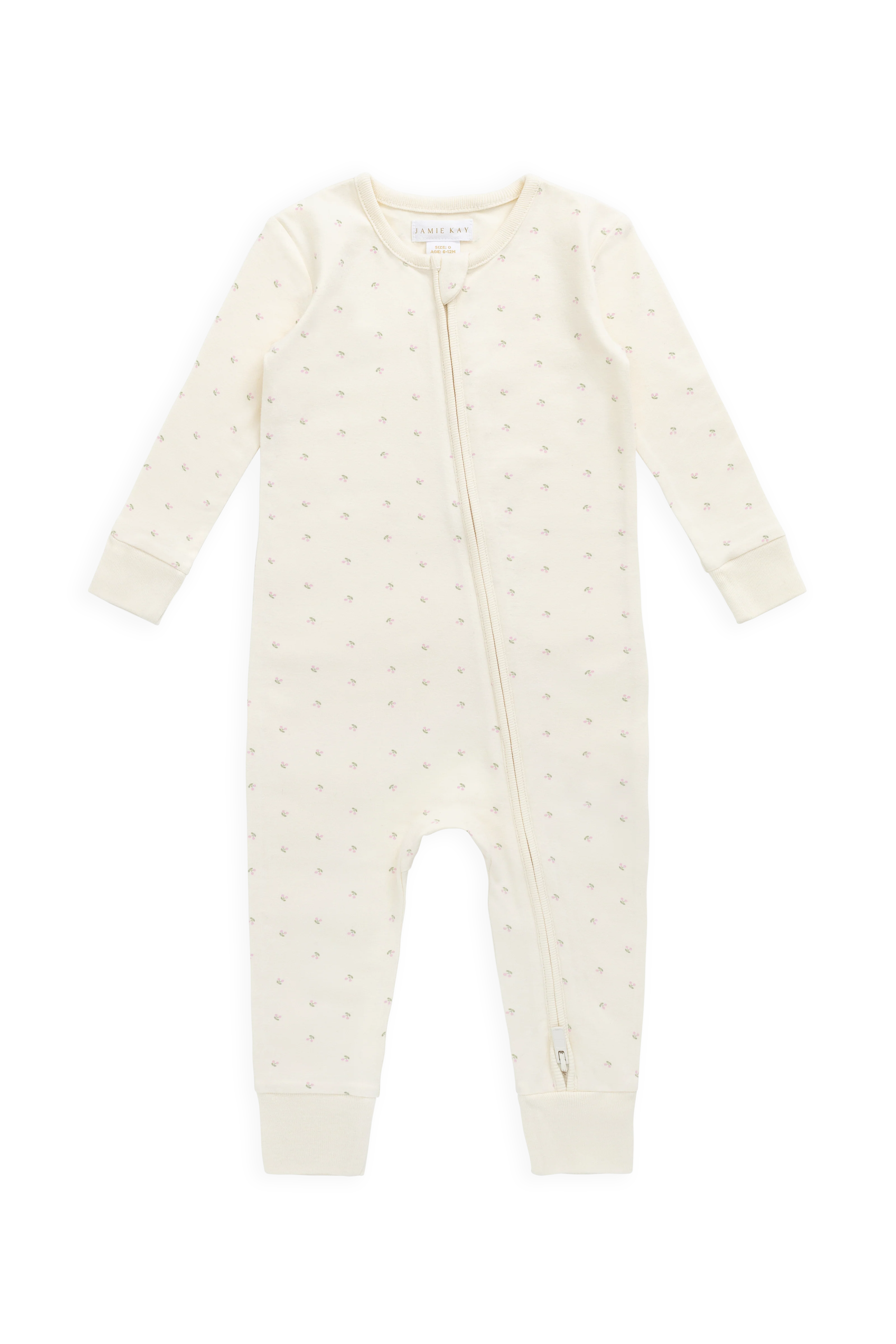 Sweet Cream Cherry-Print Organic Cotton Zip-Front Onepiece with Ribbed Cuffs for Sleep & Play 0M–3Y