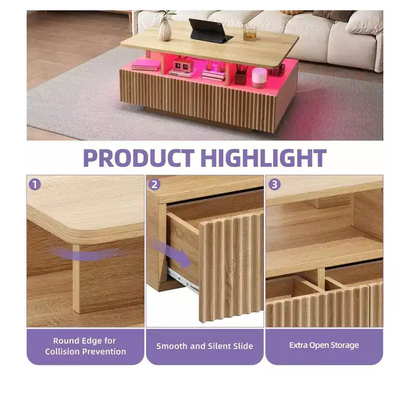 Farmhouse LED Coffee Table with 4 Drawers & Open Compartment, Modern Rectangle Design, Wood Coffee Table