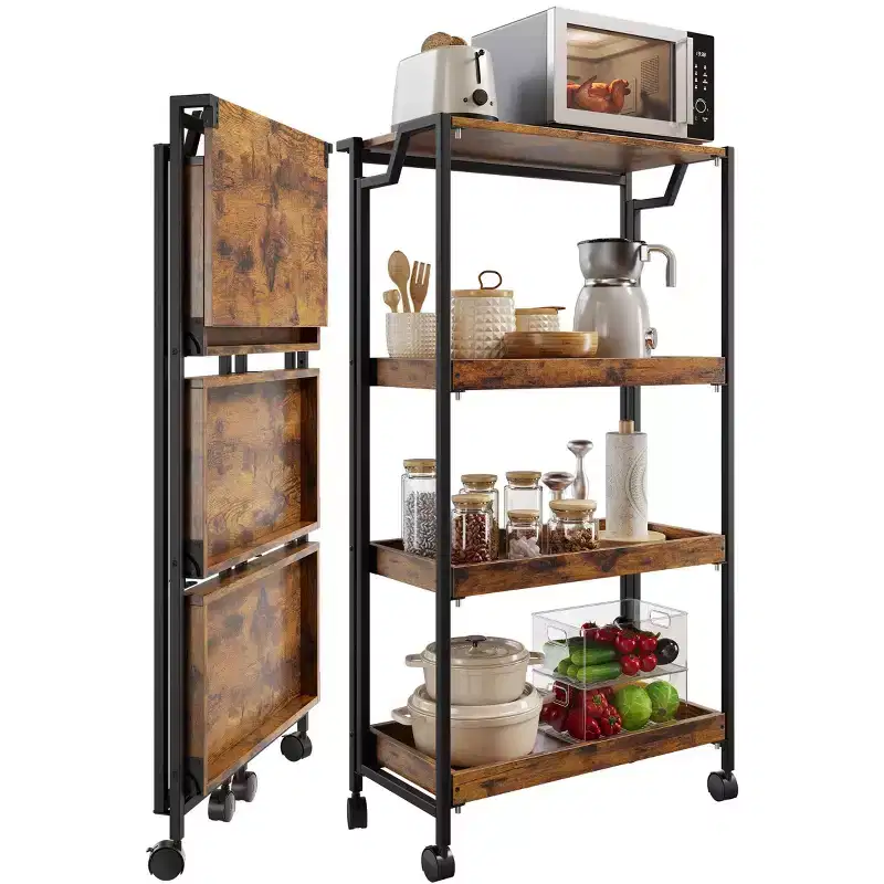 4-Tier Wooden Folding Storage Cart with Locking Wheels - Heavy Duty Kitchen Garage Organizer Shelf - Brown