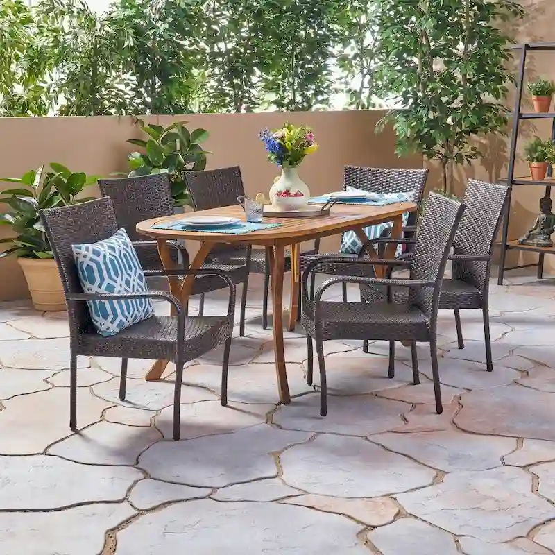 Jasper Outdoor 7 Piece Acacia Wood and Wicker Dining Set by Christopher Knight Home
