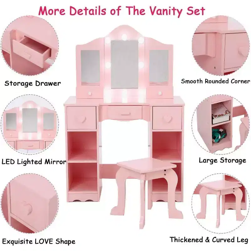 GustoWave Girls Vanity Table with Tri-Folding Mirror, Light,Stool & Drawer, 2 in 1 Wooden Makeup Desk Dressing Table, Pretend Play Vanity Set for Kids