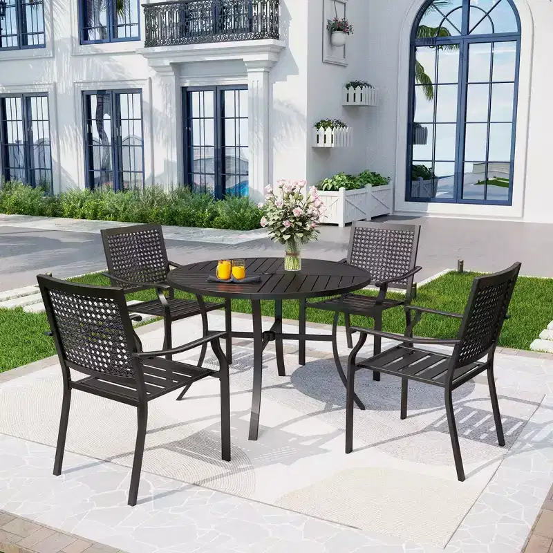 5pc Outdoor Dining Set with Metal Slat Round Table with Umbrella Hole - Captiva Designs: Stackable Chairs, Rust-Resistant
