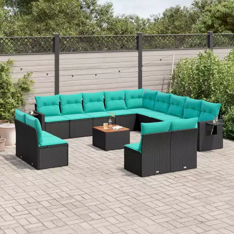 vidaXL 14 Piece Patio Sofa Set with Cushions Black Poly Rattan