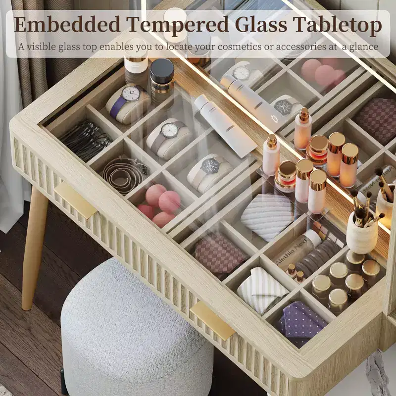 Makeup Vanity Desk with Lights, Fluted Wooden Dressing Table, Makeup Vanity Table Modern Glass Top, 5 Drawers and 3 Storage, for Bedroom