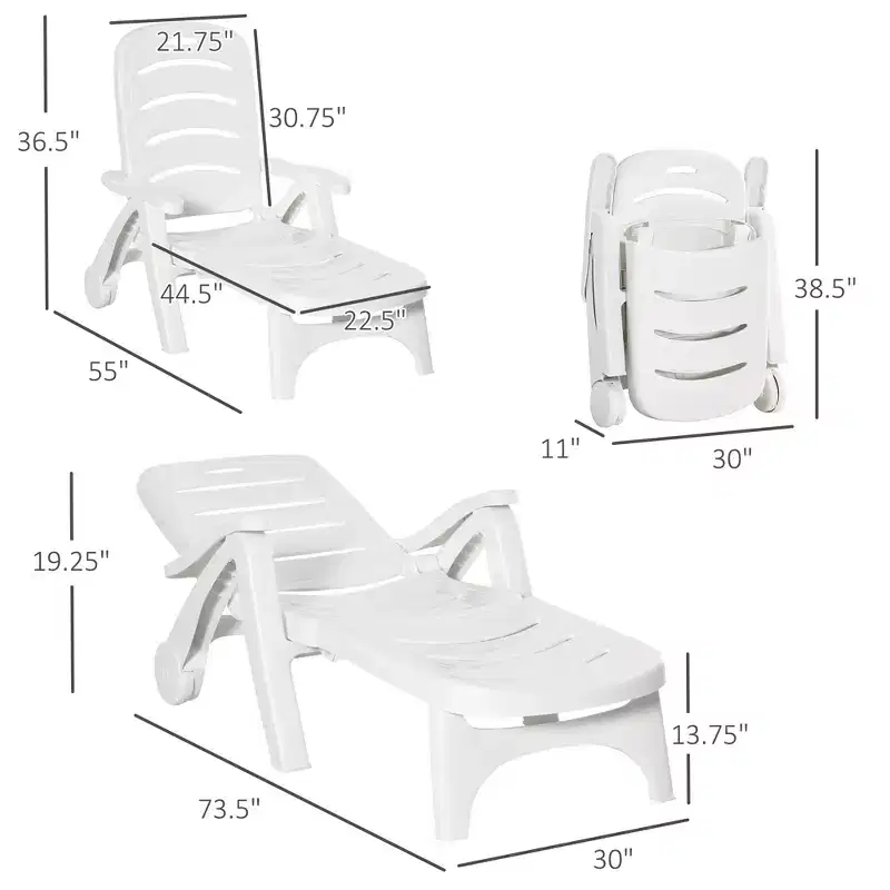 Outdoor Chaise Lounge, 5 Level Adjustable Backrest Lounge Chair with Wheels, Folding Tanning Chair for Pool, Beach, Patio, Garden, White