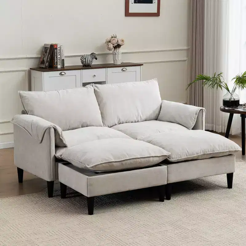 Modern Upholstered 2-Seater Sofa with Storage Ottomans, for Living Room, Bedroom, Office or Small Spaces