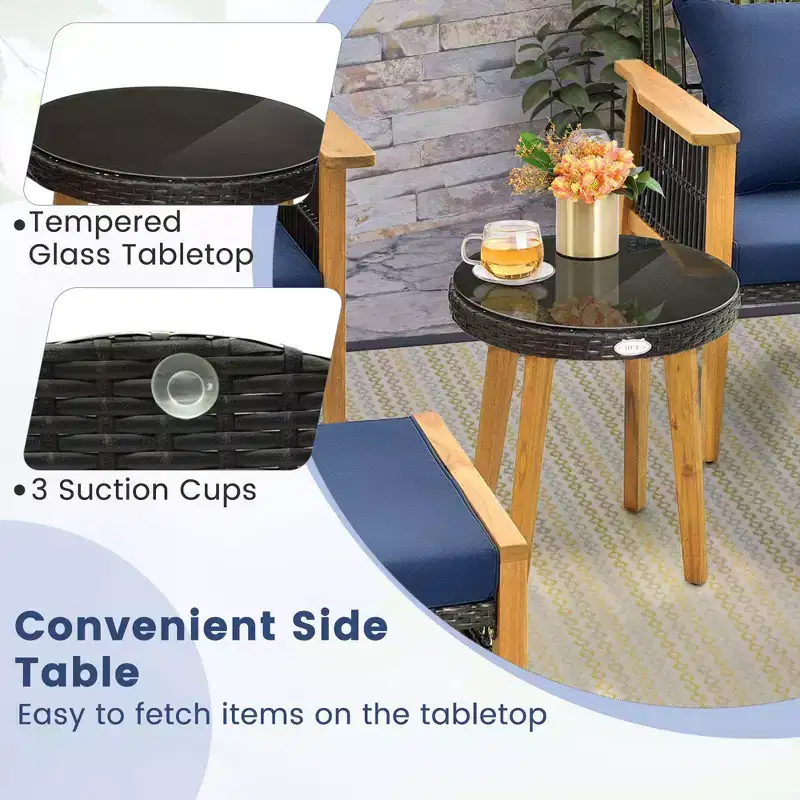 Costway 5 Pcs Patio Acacia Wood Wicker Woven Furniture Set with Coffee Table & 2 Ottomans Navy/Beige