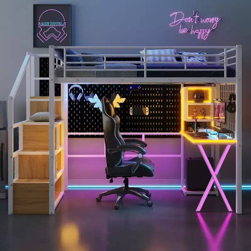 Black Metal Loft Bed with Desk, Wardrobe & Staircase – Twin/Full, 1-Person