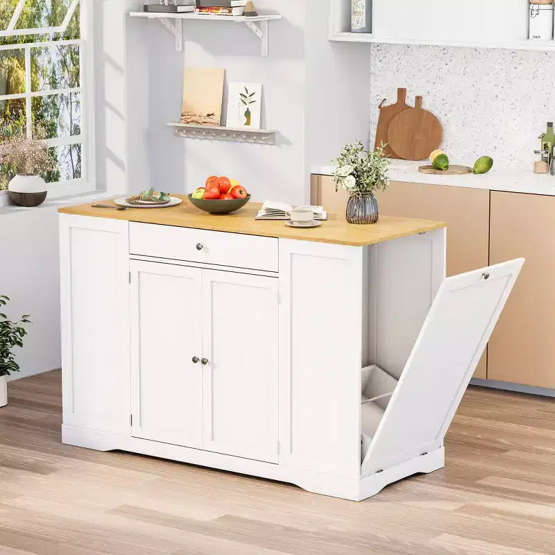 EROMMY 53 Mobile Kitchen Island Cart, Kitchen Storage Islands With Trash Can Cabinet, Spice Rack, Towel Bar & Drawers