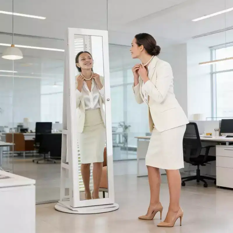 360 Swivel Full Length Mirror with Stable Rotating Base, Standing Mirror with Jewelry Cabinet for Entryway, Living Room, Bedroom