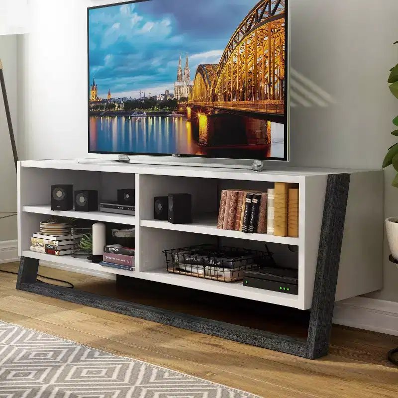 Large  4 Shelf TV Stand for TVs up to 68" Gray: Transitional Style, Two-Tone Finish, Metal Hardware