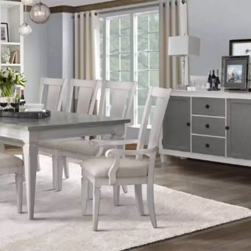 Light Gray Linen Dining Arm Chair, Slat Back, Weathered White Wood Frame, 42