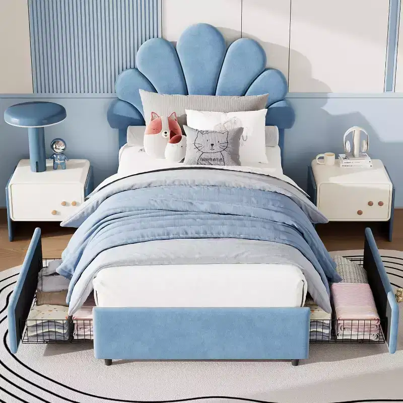 Twin Princess Velvet Bed Frame with Adjustable Headboard & 2 Storage Drawers, Solid Wood Slat Support, No Box Spring Needed for Kids' Room