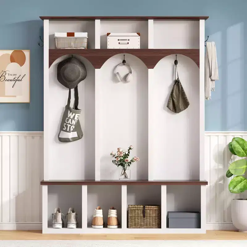 Whisen Farmhouse Wooden Hall Tree with 6 Hooks, Walnut Storage Bench with Adjustable Shelves, Shoe Cabinet with 13 Cubbies