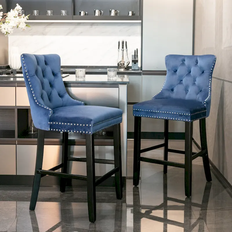 Velvet Upholstered Barstools – Set of 2, Tufted, Nailhead Trim, Solid Wood Frame