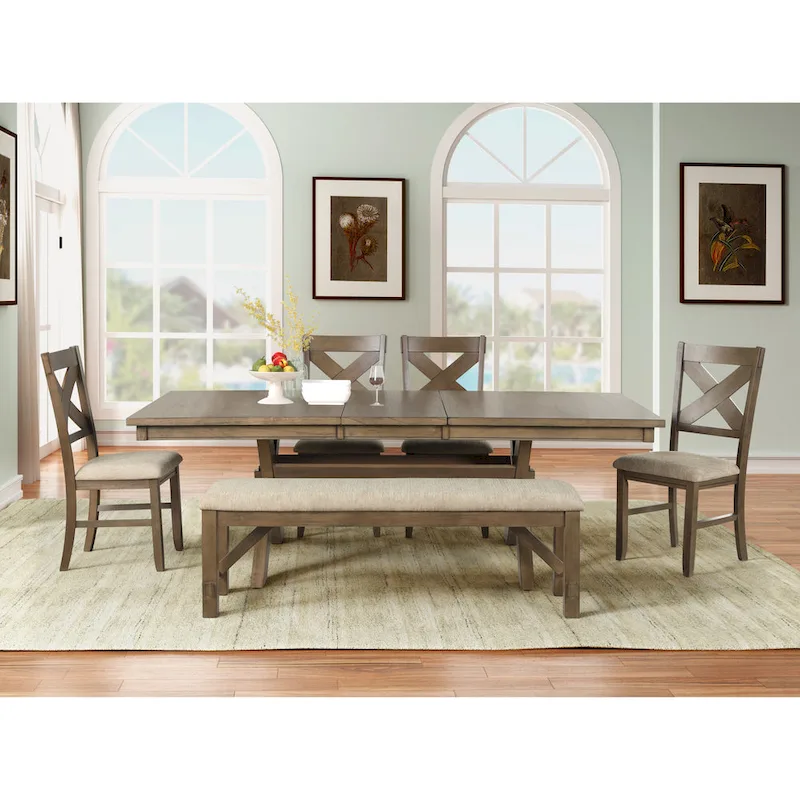 Roundhill Furniture Raven Wood 6-Piece Dining Set, Dining Table with 4 Chairs and Bench, Glazed Pine Brown
