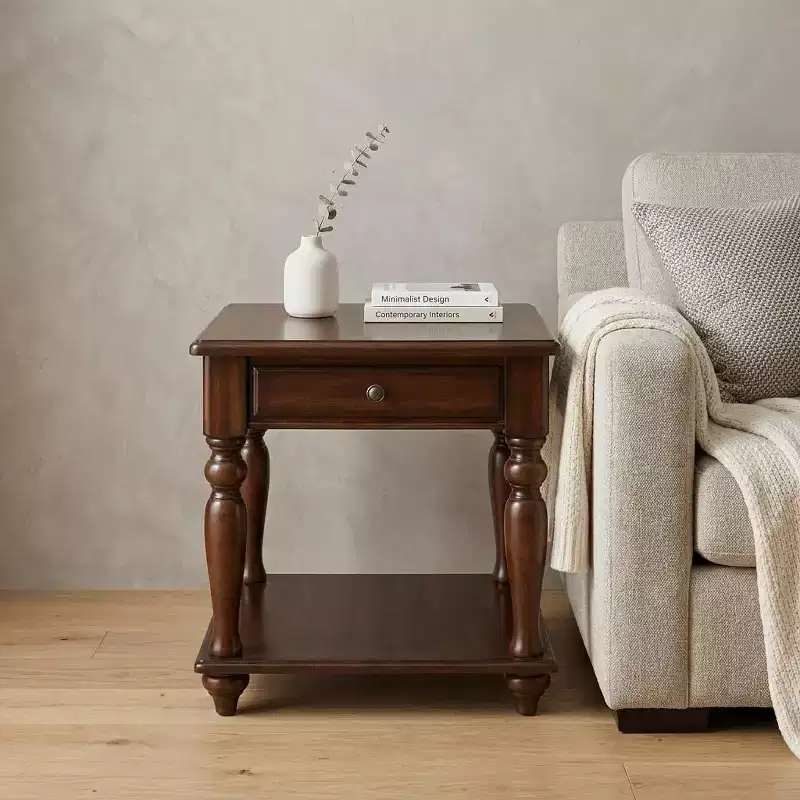 24 Walnut Manufactured Wood Rectangular End Table With Drawer And Shelf