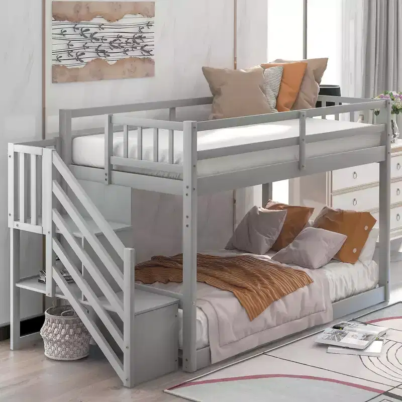 Wood Twin over Twin Floor Bunk Bed with Storage Ladder