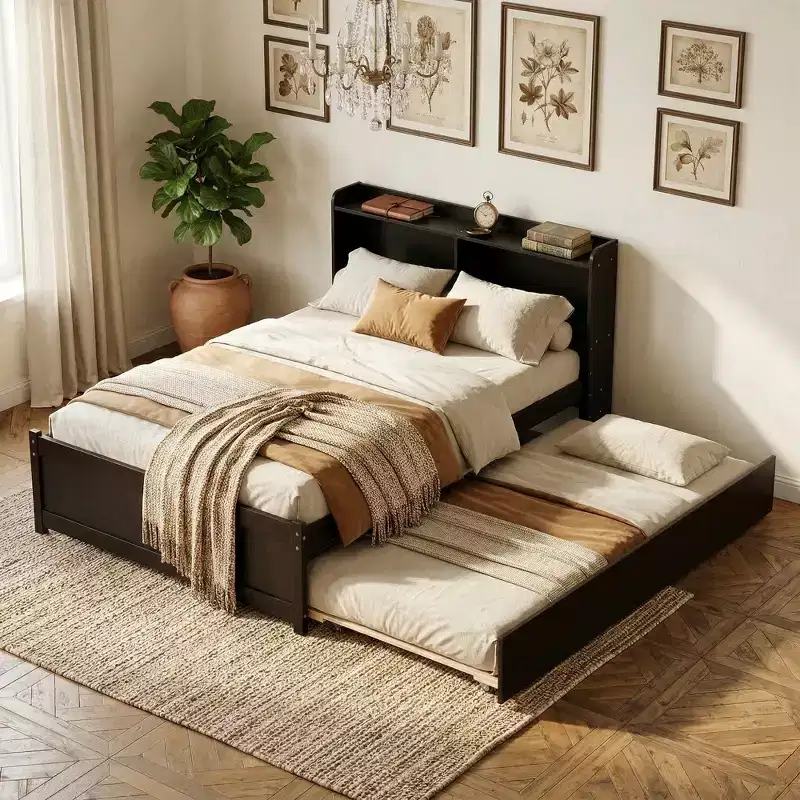 VECELO Twin Platform Bed with Trundle & Storage Headboard, Wood Slat Support Bed Frame for Small Spaces