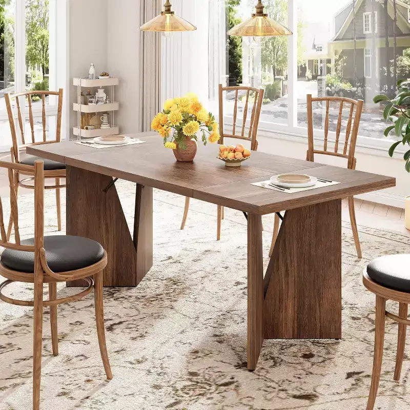 71 Inch Rectangular Dining Table for 6, Rustic Farmhouse Kitchen Table with Heavy Duty Legs