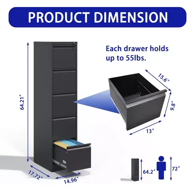 5 Drawer Vertical File Cabinet with Lock, Metal Locking Filing Cabinet for Home Office, File Storage Cabinet for A4/Letter/Legal Size File