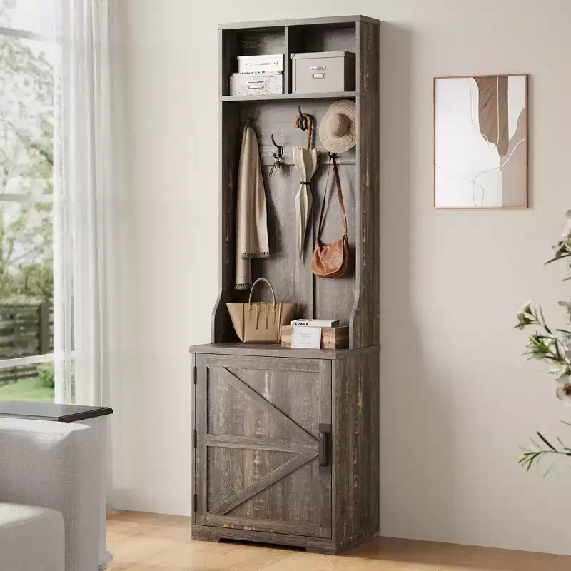 Tall Hall Tree with Shoe Storage, 77-Inch Dark Brown Mudroom Organizer with Coat Rack
