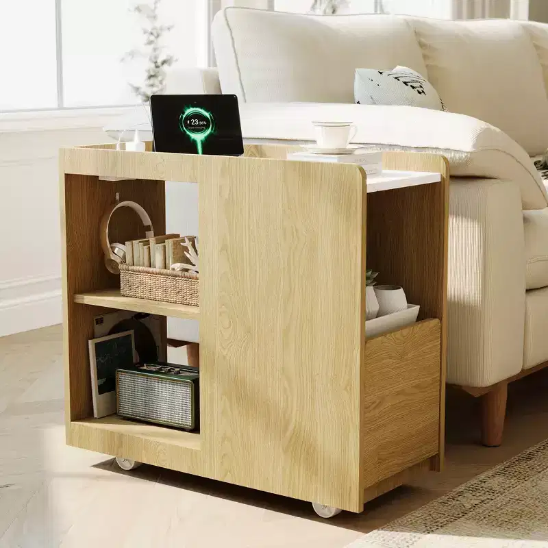 Side Table with Wheels, Drawer and Adjustable Shelf