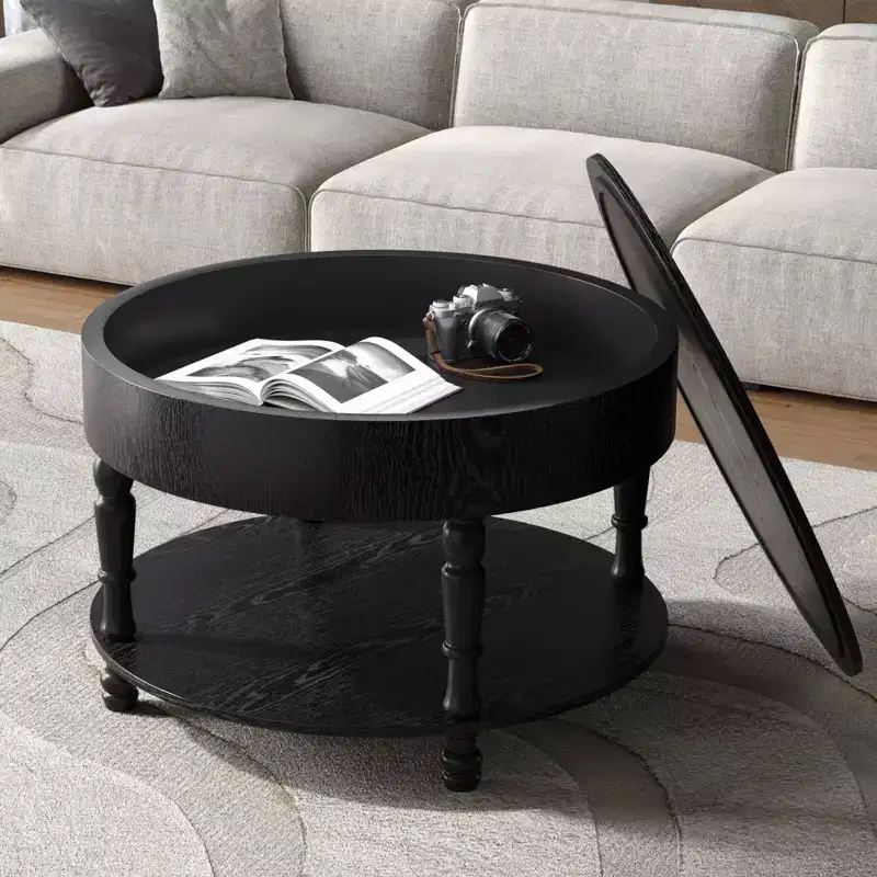 GDFStudio Navia Modern Wooden 31Round Storage Coffee Table with Shelf