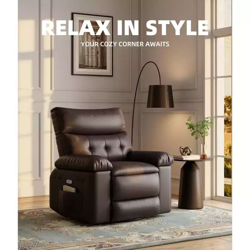 Manual Massage Recliner Chair, 360° Swivel, PU Leather with Side Pockets, Living Room