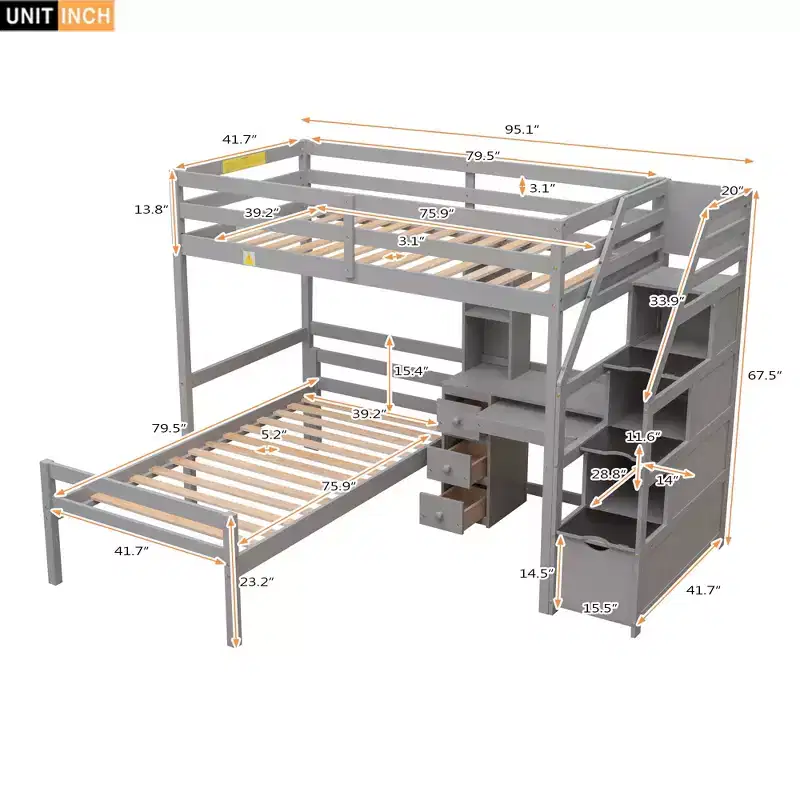 L Shaped Twin over Twin Bunk Bed with Storage Staircase, Desk, Shelves and Drawers, Wooden Loftbed with Stand-Alone Platform Bedframe