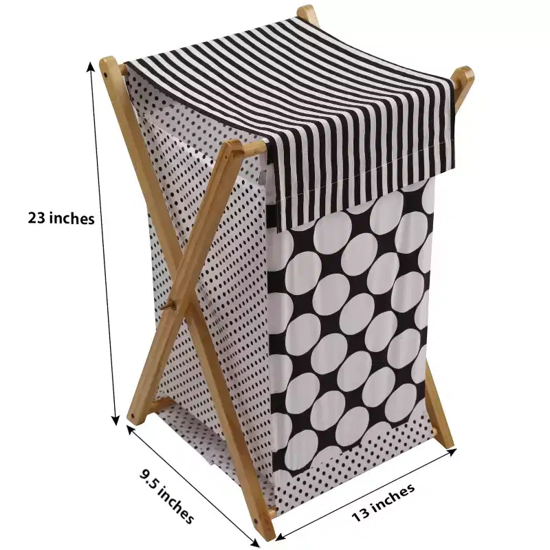 Dots/Pin Stripes Black/White Laundry Hamper with Wooden Frame