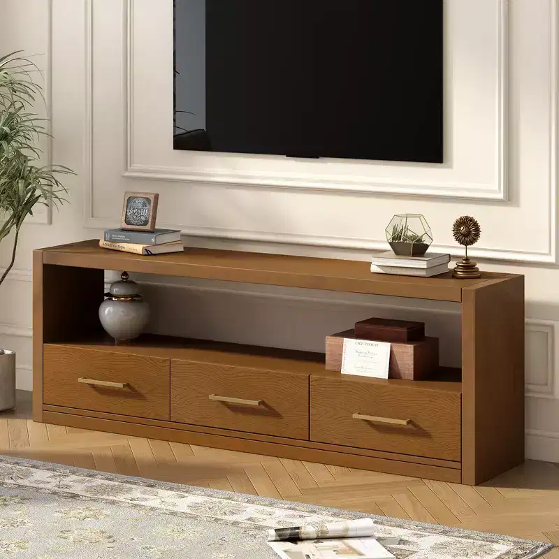 Whisen TV Stand & Fluted Media Console, Stylish TV Cabinet with 3 Drawers, Minimalist Metal Handles - Brown