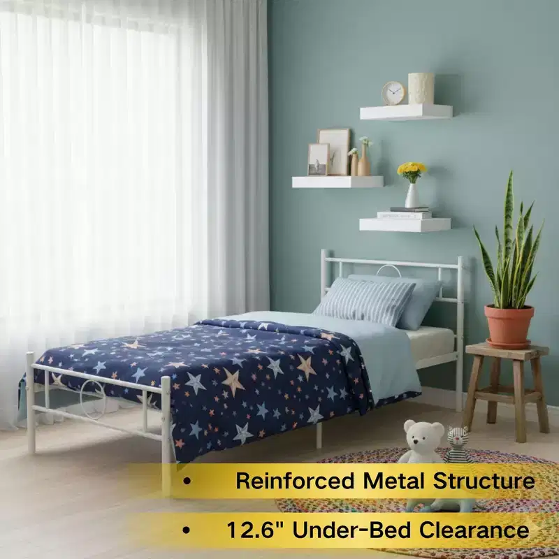 Metal Twin Bed Frame with Headboard + 3 Floating Wall Shelves Sturdy Steel Platform Bed Set with Storage Space No Box Spring Needed